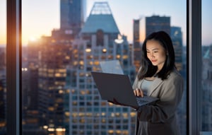 Woman in skyrise window looking at computer